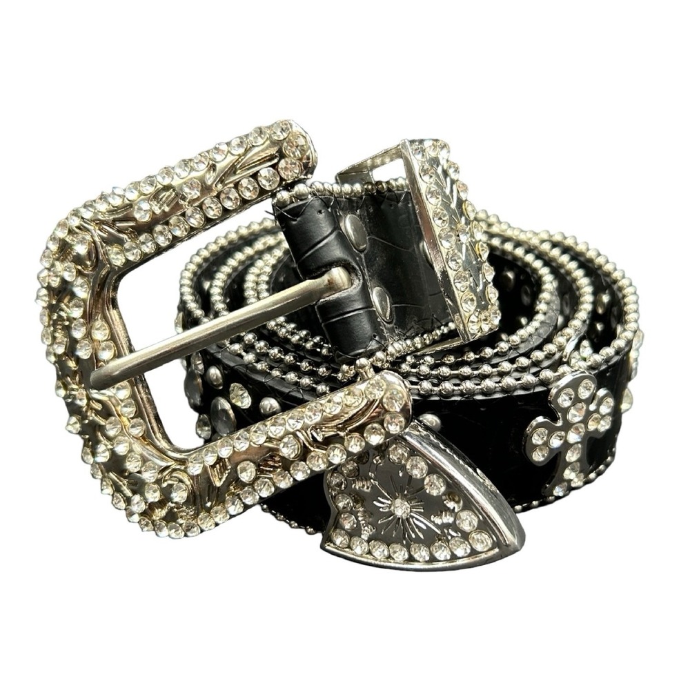 Y2K Rhinestone Western Belt Large Silver Cross Studded Bling Cowgirl L 50121